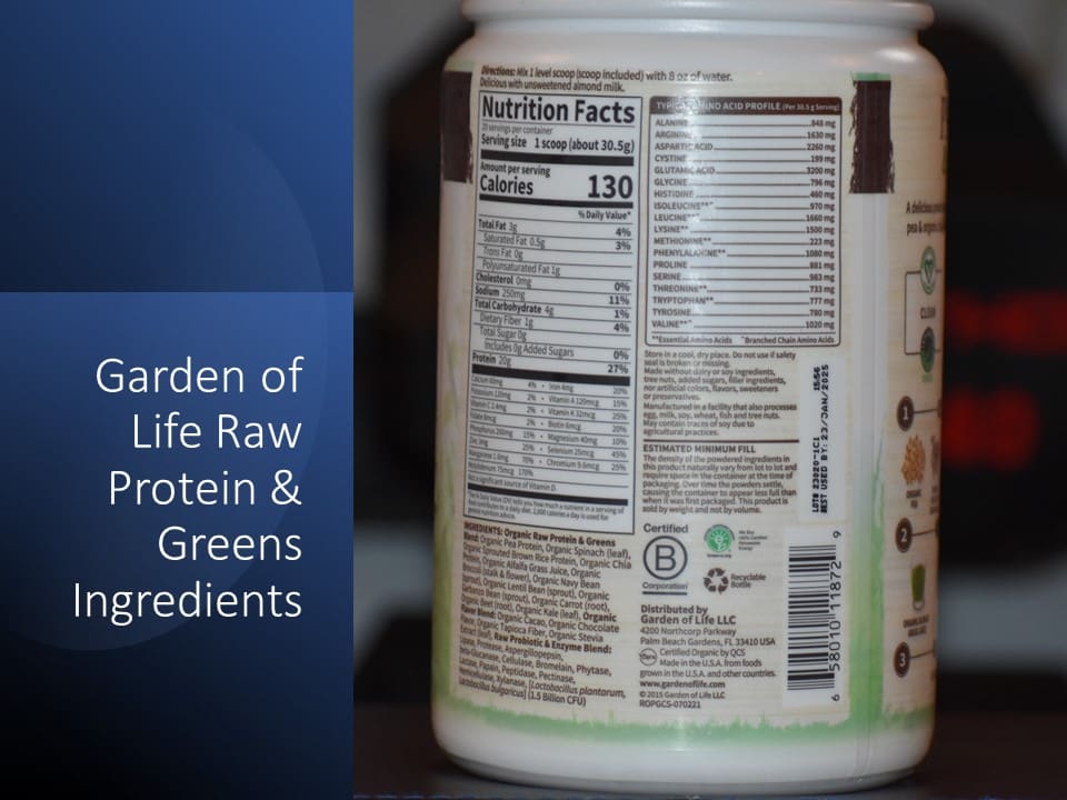 a white bottle of garden of life raw protein & greens with green and white labels