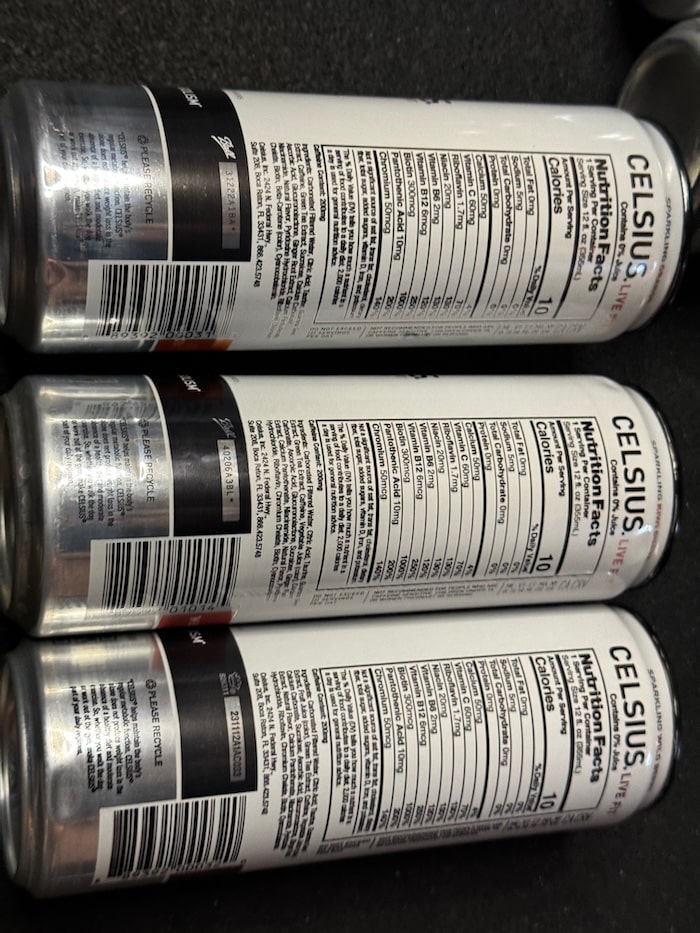 the ingredient list of 3 cans of celsius drinks