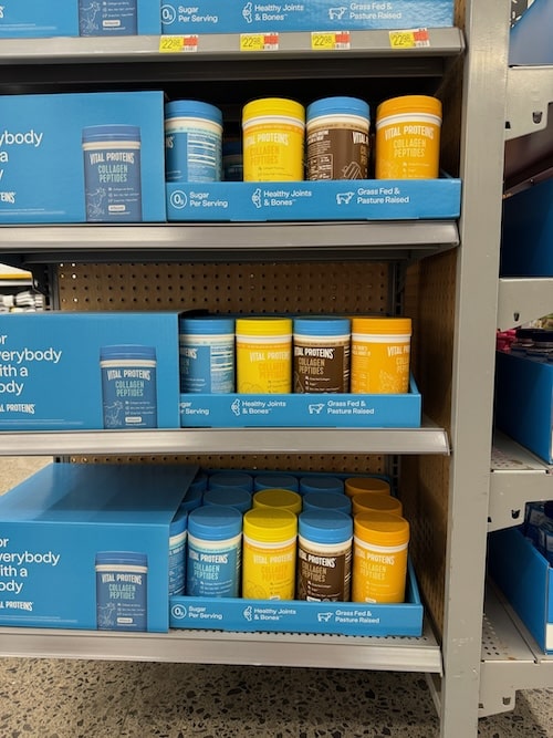 a stand of vital protein collagen powder at walmart