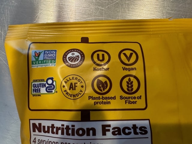 certifications and nutrition information for hippeas chickpea puffs showing that they are a healthy snack