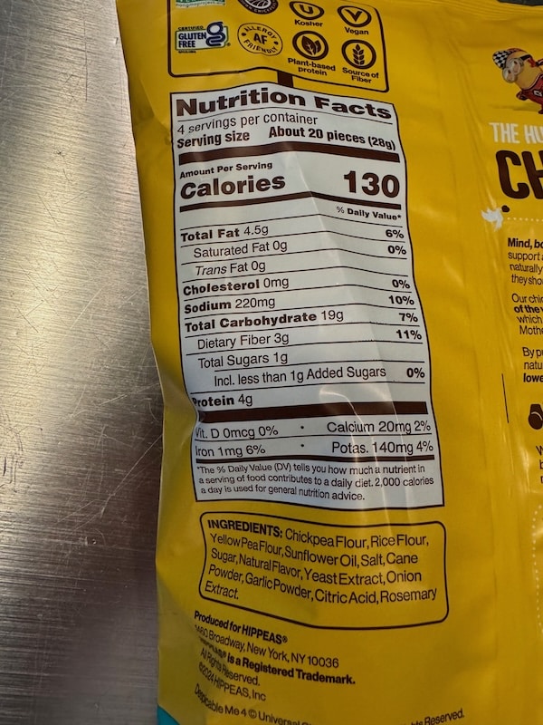 ingredient label for one bag of hippeas chickpea puffs