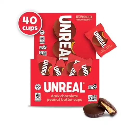 UNREAL Dark Chocolate Peanut Butter Cups (40 Individually Wrapped Cups) | Vegan, 5g Sugar | Gluten Free, Fair Trade, Non-GMO | .53oz each