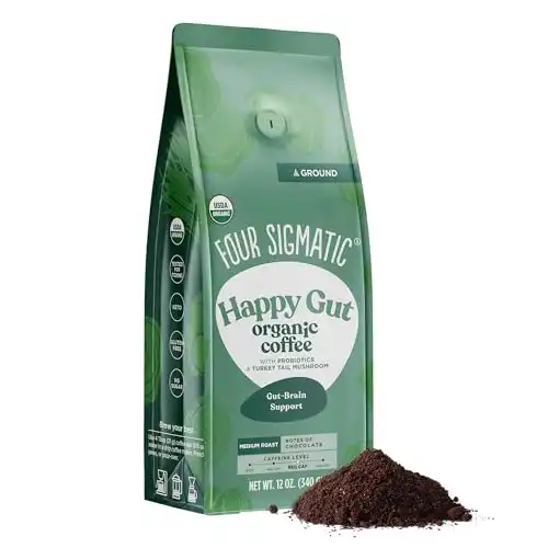 Four Sigmatic Happy Gut Ground Coffee | Organic, Fair Trade, Probiotic Mushroom Coffee for Gut Health & Immune Support